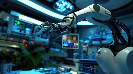 Poster - A close-up of a robotic arm in a surgical environment, enhancing accuracy during a complex operation.