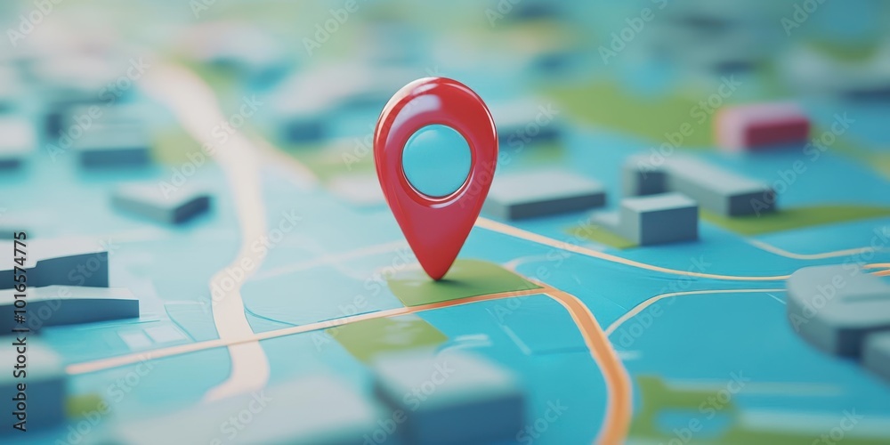 A stylized 3D map pin icon on a flat map, representing modern location ...