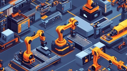 Poster - A fully automated factory with robots performing various tasks, from assembly to packaging, in a seamless workflow.