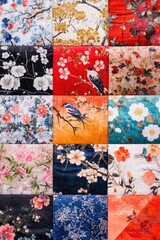 Poster - A colorful patchwork quilt featuring various flowers and birds.