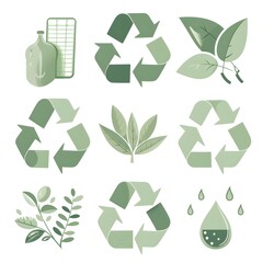 Canvas Print - Eco Friendly Icon Collection Promoting Sustainability with Soft Green Tones on White Background