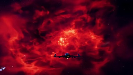 Wall Mural - embark on space flight journey towardmysterious glow fromred nebula exploring depths galaxy inseamle