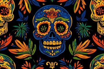 Poster - A vibrant design featuring colorful skulls surrounded by flowers on a dark background.
