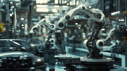 Poster - A group of industrial robots assembling vehicles in an automotive factory, showcasing efficiency and precision.