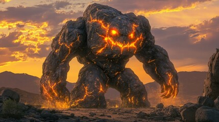 A massive rock monster with glowing eyes and cracks in its body, standing tall in a rocky desert. Perfect for fantasy and adventure scenes.