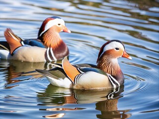 two swimming mandarin ducks