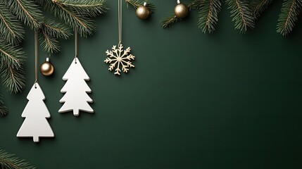 a minimalistic design featuring hanging snowflakes, glass balls, and christmas trees on a dark green