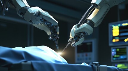 Poster - A robotic arm performing precise incisions in a surgical procedure, highlighting the future of medical technology.