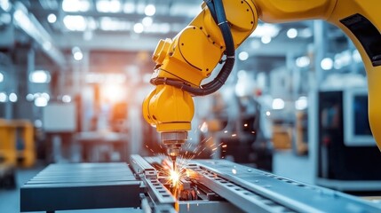 Poster - A robotic arm welding metal components in a high-tech factory setting, demonstrating industrial automation at work.