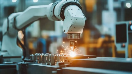 Poster - A robotic arm welding metal components in a high-tech factory setting, demonstrating industrial automation at work.