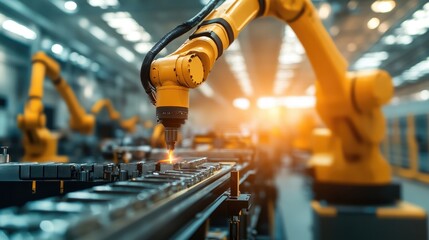 Poster - A robotic arm welding metal components in a high-tech factory setting, demonstrating industrial automation at work.