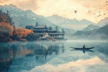 Poster - A person is enjoying a serene moment on a lake, surrounded by majestic mountains.