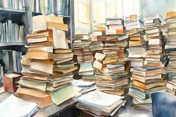 Poster - A study area with piles of books and papers.