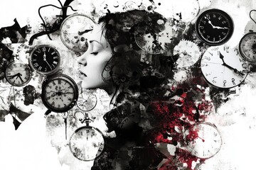 Poster - A woman surrounded by clocks on a white background, suitable for use in time-related or clock-themed projects.