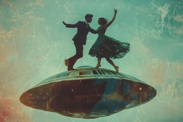 Poster - A couple stands at the controls of a flying saucer, ready for takeoff.