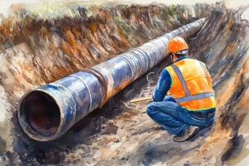 Poster - A construction worker inspects and fixes a pipe in a bright, colorful illustration.