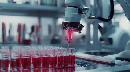 Poster - Close-up of a robot performing automated diagnostics on patient samples in a high-tech medical laboratory.