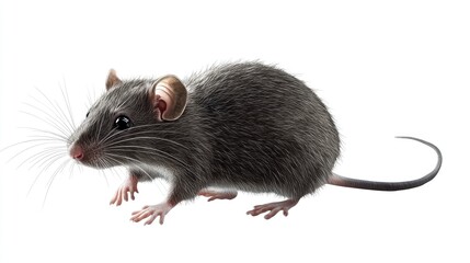 Detailed illustration of a gray rat in a playful pose, whiskers twitching. Clipart on a white background, ideal for transparent design projects.