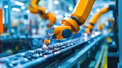 Poster - Factory robot inspecting products for quality control on an assembly line, ensuring precision in mass production.