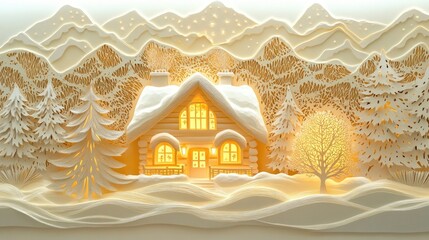 Poster - Golden paper cutout art of a Christmas cabin in a snowy landscape, with glowing windows and a decorated tree in front.