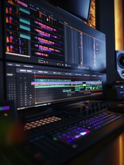 Poster - Computer workstation with large monitor displaying complex digital audio workstation interface. Audio equipment surrounds monitor, including keyboard, speaker, microphone. Dark background with