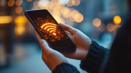 Poster - High-res image of hands holding a smartphone with a glowing wireless icon, symbolizing easy access to fast internet on-the-go.