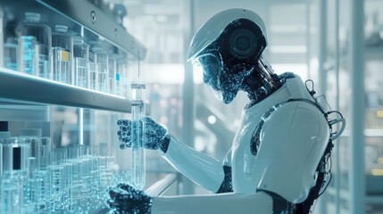 Poster - High-tech robot performing automated diagnostics in a medical laboratory, increasing efficiency in healthcare testing.