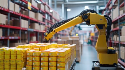 Poster - Robotic arm stacking products in a modern, high-tech factory. The image showcases precision and efficiency in industrial automation.