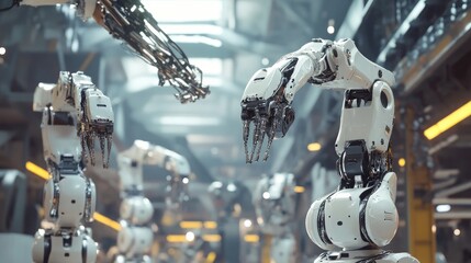 Poster - Robotic arms lifting heavy machinery parts in an industrial factory, demonstrating the power and precision of automation.