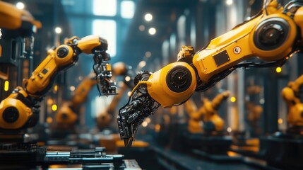 Poster - Robotic arms synchronously working on an assembly line in a futuristic factory setting, highlighting cutting-edge industrial technology.