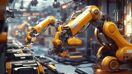 Poster - Robotic arms synchronously working on an assembly line in a futuristic factory setting, highlighting cutting-edge industrial technology.