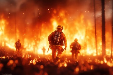 Action Scene of Firefighters Battling a Wildfire