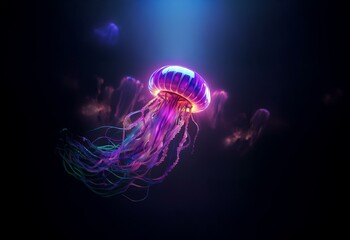 Aufkleber - A glowing jellyfish with long, flowing tentacles floats in the dark water.