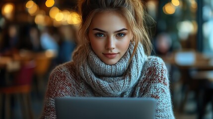 Wall Mural - young female student sitting at the table using laptop in quarantine.illustration