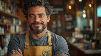 Wall Mural - young hispanic haidresser and hairstylist standing in barber shop.stock image