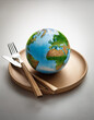 © anandart - A miniature globe sits on a plate with a fork, vertical shot of representing the concept of consuming the Earth's resources.
