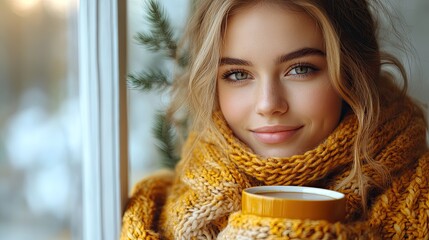 Wall Mural - young woman relaxing indoors at home,cup of coffee,tea.stock image