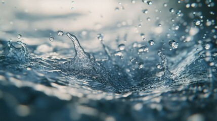 Poster - **Description:** Close-up of water droplets splashing on the surface, creating ripples and reflecting light in a serene, fluid motion.