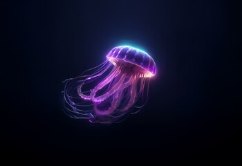 Aufkleber - A glowing jellyfish with long trailing tentacles floats against a dark background.