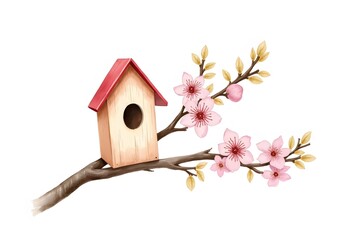 Birdhouse and spring flowers. Watercolor hand drawn illustration, isolated on the white background
