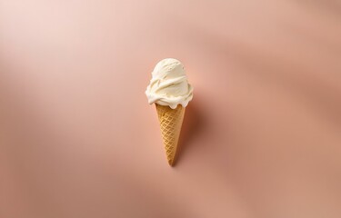 Poster - A single scoop of vanilla ice cream melting in a waffle cone sits on a pink background.