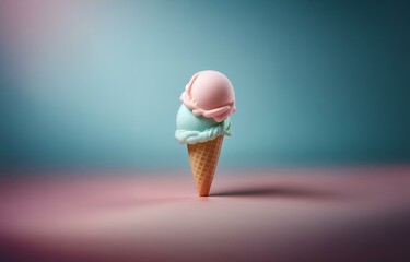 Poster - A single waffle cone filled with two scoops of ice cream, one pink and one mint green, stands on a pink and teal gradient background.