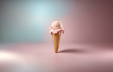 Poster - A single-scoop ice cream cone with pink ice cream and colorful sprinkles sits on a pink and blue background.