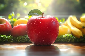 Wall Mural - Red Apple with Green Leaf