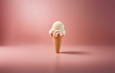 Poster - A single scoop of vanilla ice cream melting in a waffle cone on a pink background.