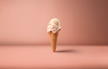 Poster - A single melting ice cream cone on a pink background.