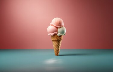 Poster - Three scoops of ice cream sit atop a waffle cone on a blue surface in front of a red background.