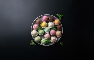 Poster - Assortment of ice cream scoops in various flavors with mint garnish on a gray plate against a black background.