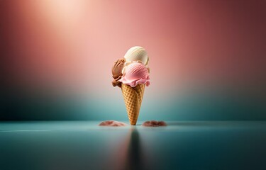 Aufkleber - Ice cream cone with three scoops: chocolate, vanilla, and strawberry, melting on a teal background.
