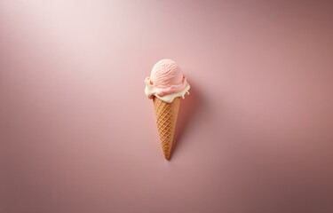 Poster - A single scoop of pink ice cream melting in a waffle cone on a pale pink background.